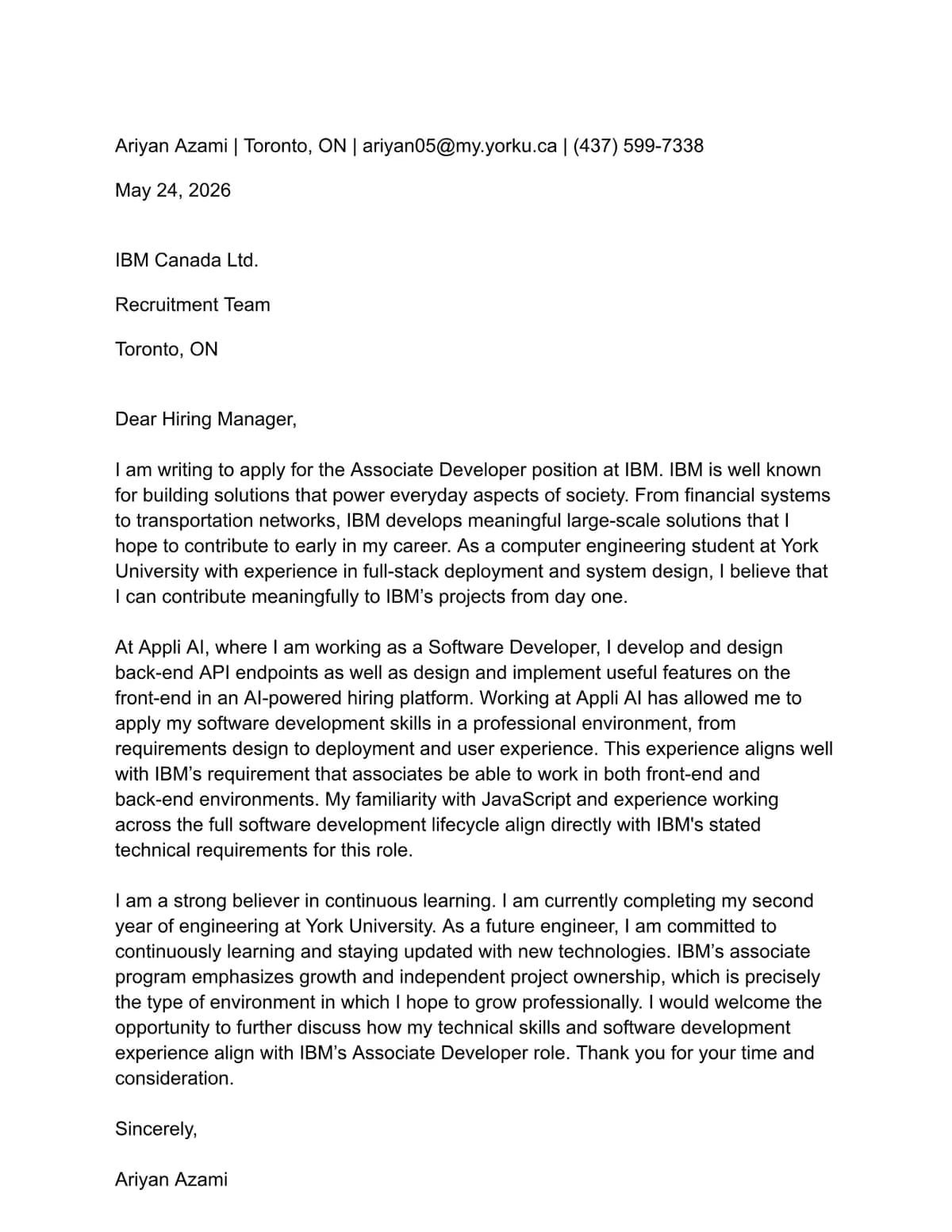 First page of Cover Letter — Associate Developer, IBM Canada